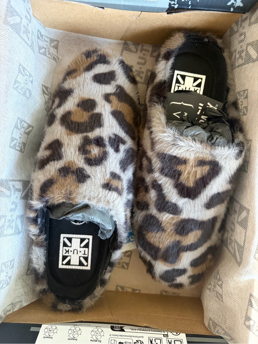 T.U.K Leopard Faux Fur Slip-Ons in Brown and Black